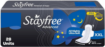 Stayfree Advanced Extra Large All Night Soft Cover Sanitary Pads For Women With Wings, 28 Pads