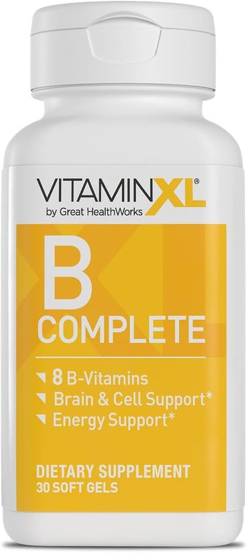 VitaminXL B Complete is a Full Spectrum B Complex Made with B1, B5, B6, B12, Biotin, Niacin, Riboflavin, and Folate, Also with Choline and inositol (30 Soft Gels, 30 Servings)