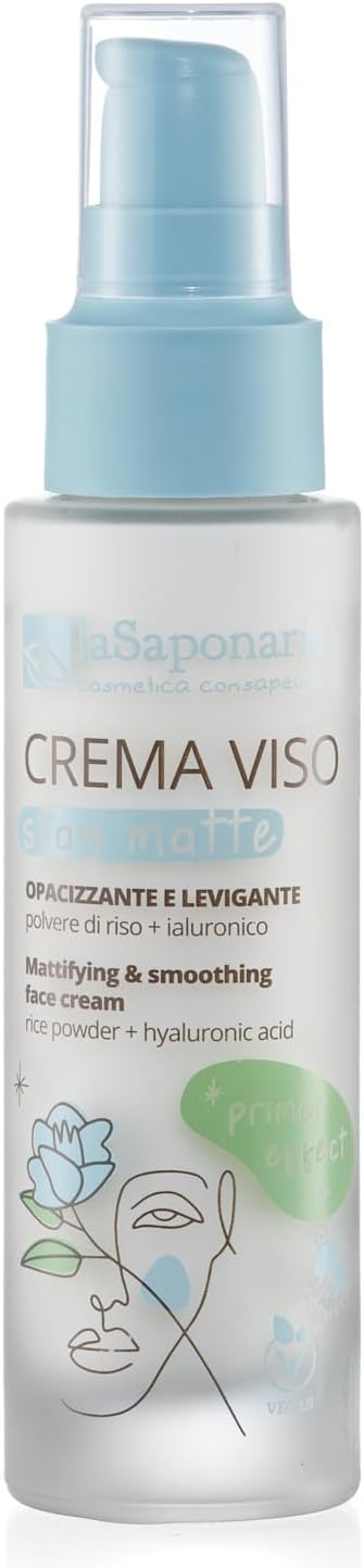 La Saponaria Stay Matte Face Cream, Hyaluronic Acid, Primer, Anti-Shine/Matt, Enlarged Pores, Anti-Ageing, Vitamin E, Moisturiser, Natural, Vegan, Cruelty-Free, Sustainable Packaging, Organic, 50Ml