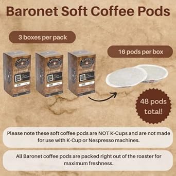 Baronet Coffee Colombian Coffee Pods Bag - Regular - Medium Roast - 3 Boxes of 16 Single Serve Coffee Pods - 48 Count, 12 Grams - Individually Wrapped for Freshness - Rich, Traditional Flavor