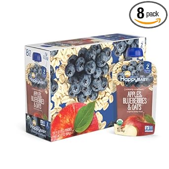 Happy Baby Organics Stage 2 Baby Food Pouches, Gluten Free, Vegan & Healthy Snack, Clearly Crafted Fruit & Veggie Puree, Apples Blueberries & Oats, 4 Ounces (Pack Of 8)