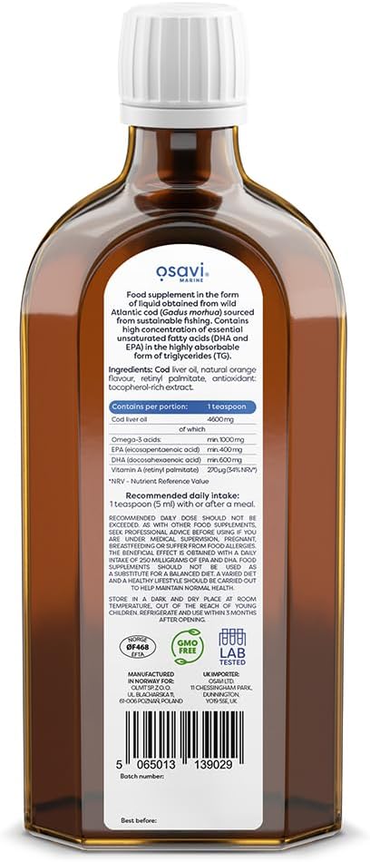 Osavi Norwegian Cod Liver Oil 1000 mg Omega 3 – 250 ml | Orange Flavor | DHA & EPA for Heart, Brain & Vision Health | Supports Immune Function | Sourced from Wild Atlantic Cod : Amazon.co.uk: Health & Personal Care