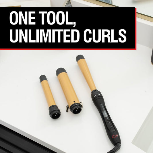CHI Interchangeable Curling Wand, 3 Barrel Attachments For Versatile Curls, 0.5"-1.25" Inverted Tapered Barrel, 1" & 1.5" Barrel