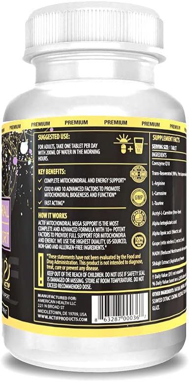 ACTIF Mitochondrial Maximum Support with 10+ Advanced Factors - Non GMO, Fast Acting, Mitochondria and Energy Support, Made in USA, 60 Count : Health & Household