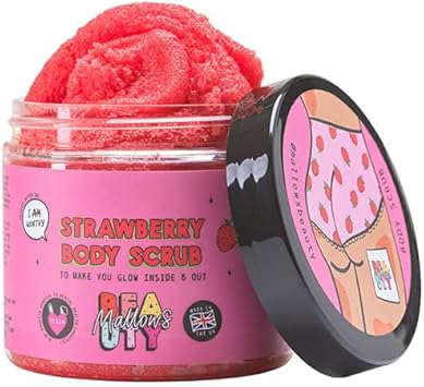 Mallows Beauty Strawberry Body Scrub, Exfoliating Body Scrub, Mixed Sugar And Salt Scrub, Prevents Strawberry Legs, Vegan And Handmade In The Uk, 280G
