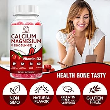 Calcium, Magnesium, Zinc & Vitamin D Gummies - 2 Pack | Vitamins For Women, Men & Kids | Calcium Supplements For Strong Healthy Bones, Zinc Gummies, Gluten-Free, Vegan - 120 Count