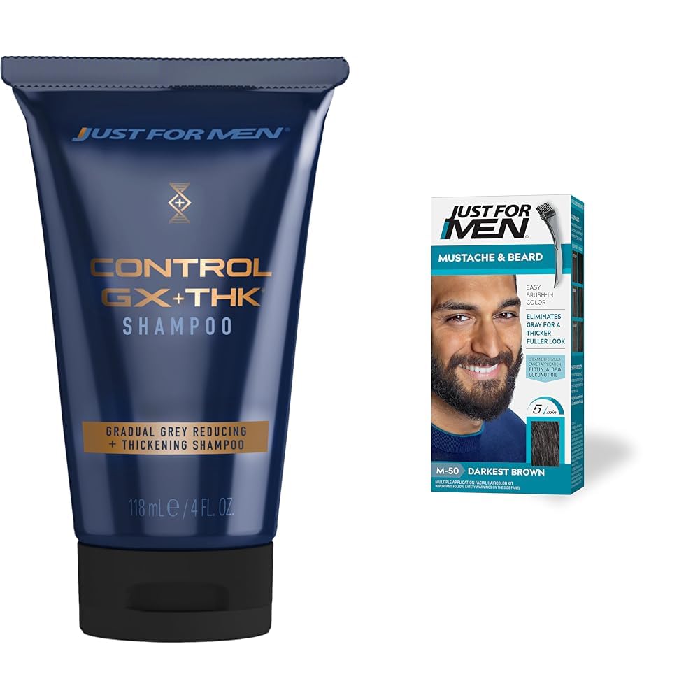 Just for Men Control GX + THK Grey Reducing and Thickening Shampoo, 4 oz (Pack of 1) Mustache & Beard, Darkest Brown, M-50, Pack of 1 : Beauty & Personal Care