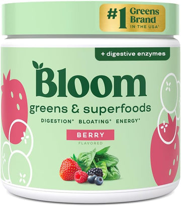 Bloom Nutrition Greens and Superfoods Powder for Digestive Health, Greens Powder with Digestive Enzymes, Probiotics, Spirulina, Chlorella for Bloating and Gut Support, Amazon Exclusive, 30 SVG, Berry
