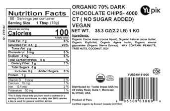Yupik Organic 70% Pure Dark Chocolate Chips - No Sugar Added - 4000 Ct, 2.2 lbs, Pure Chocolate, Vegan, GMO-Free, Vegetarian, Gluten-Free, Lactose Free, Brown, Pack of 1