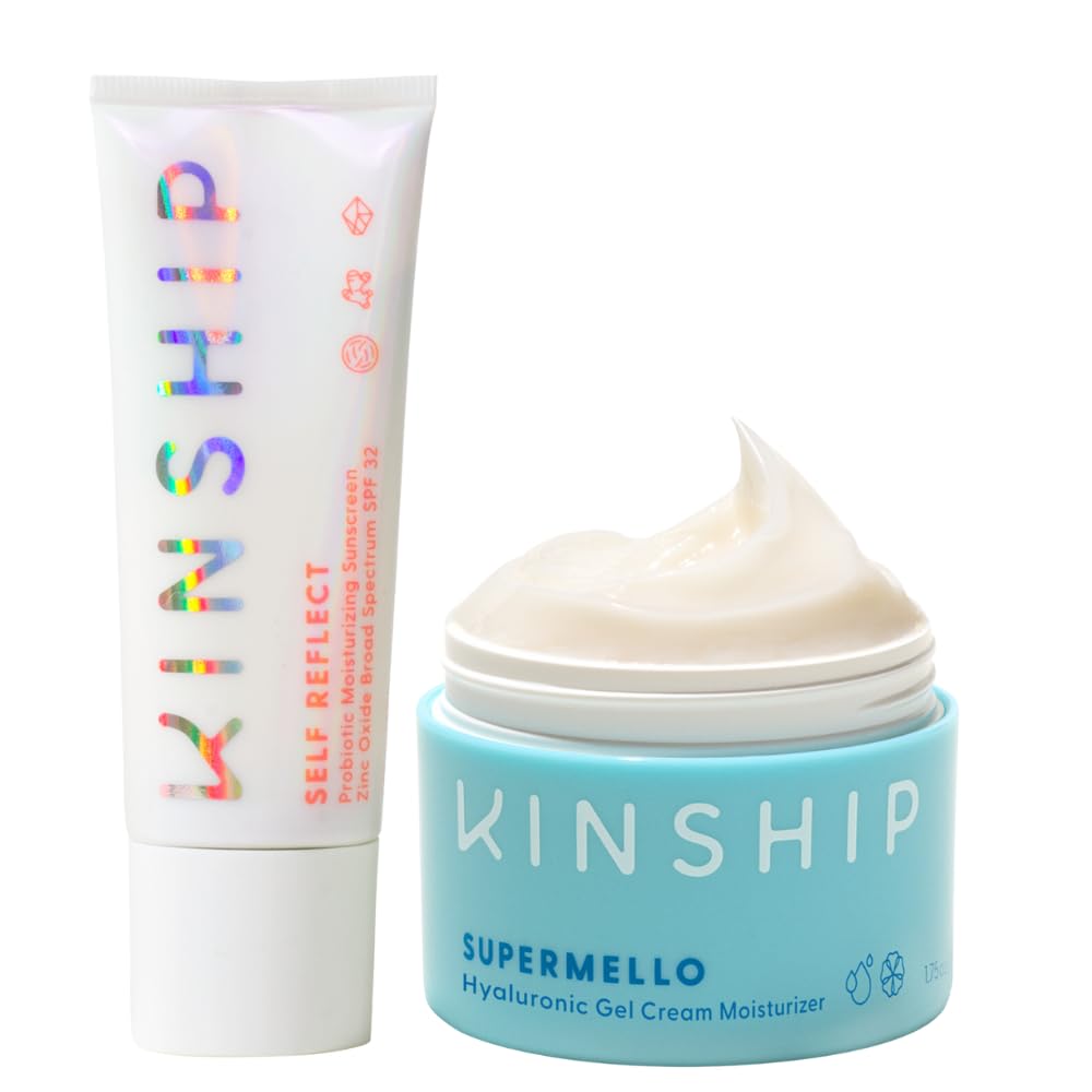 Kinship Self Reflect 100% Mineral SPF + Supermello Gel Cream Moisturizer Bundle | Probiotic Moisturizing Facial Sunscreen | Lightweight Hyaluronic Acid Face Lotion | Protect + Hydrate All Skin Types