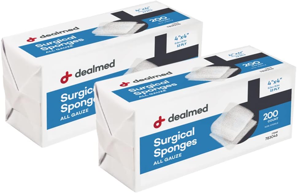 Dealmed 4" X 4" Surgical Sponges, 12-Ply, Absorbent Woven Gauze Pads, Non-Sterile Wound Care For First Aid Kit And Medical Facilities, 200 Count (Pack Of 2)