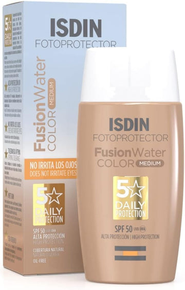 ISDIN Fusion Water Color SPF 50 (Medium) 50ml , Tinted daily facial sun cream , Ultra-light texture