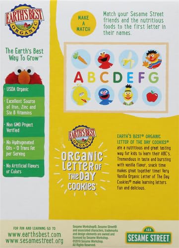Earth's Best Organic Kids Snacks, Sesame Street Toddler Snacks, Organic Letter of the Day Cookies for Toddlers 2 Years and Older, Vanilla, 5.3 oz Box