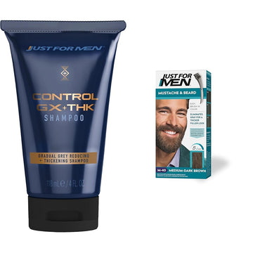 Just for Men Control GX + THK Grey Reducing and Thickening Shampoo, 4 oz (Pack of 1) Mustache & Beard, Medium-Dark Brown, M-40, Pack of 1 : Beauty & Personal Care