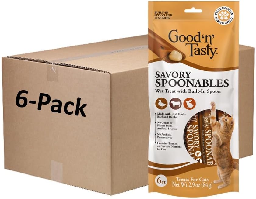 Good 'N' Tasty Savory Spoonables With Real Duck, Beef And Rabbit For Cats, 6 Count, Treat Your Cat To Triple Flavor Squeezable Lickable Wet Treats With Built-In Spoon For Less Mess