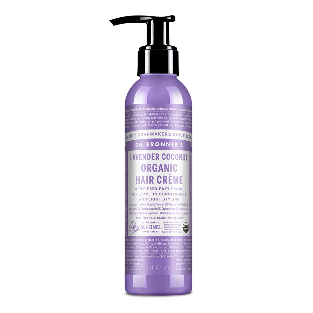 Dr. Bronner's - Organic Hair Crème (Lavender Coconut, 6 Ounce) - Leave-In Conditioner & Styling Cream, Made with Organic Oils, Hair Cream Supports Shine and Strength, Nourishes Scalp, Non-GMO