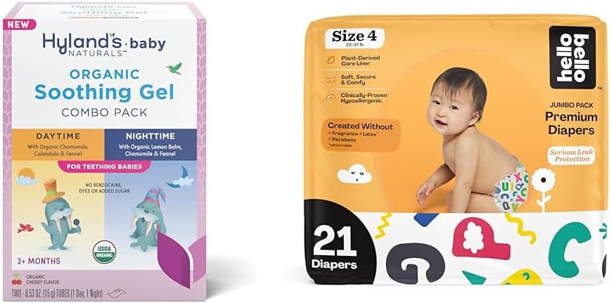 Hyland's Baby - Organic Day/Night Soothing Gel Combo Pack, Natural Relief of Oral Discomfort (2 Tubes of 0.53 oz.) + Hello Bello Premium Baby Diapers Size 4, 21 Count : Baby