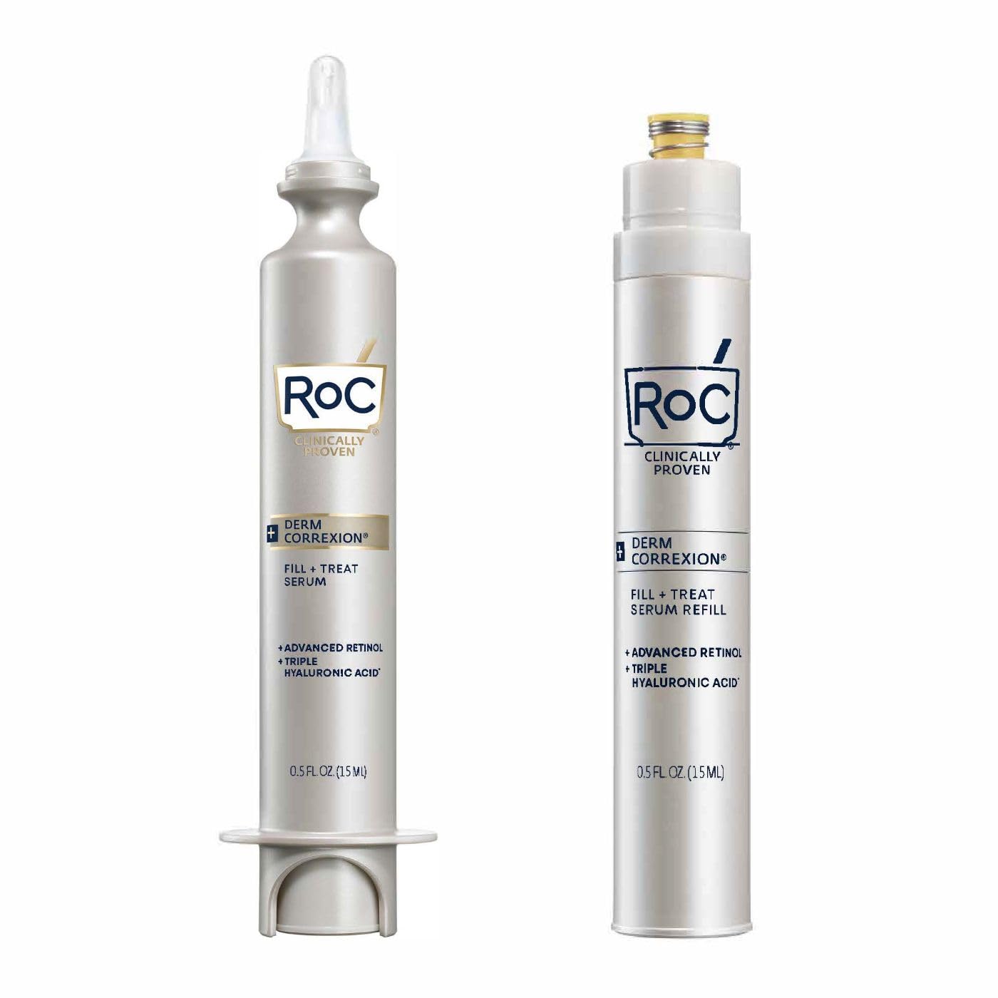 Roc Derm Correxion Fill + Treat Bundle With Advanced Retinol Serum, Wrinkle Filler Treatment With Hyaluronic Acid For Wrinkles, Crow'S Feet, And Laugh Lines, 15Ml + Refill Cartridge