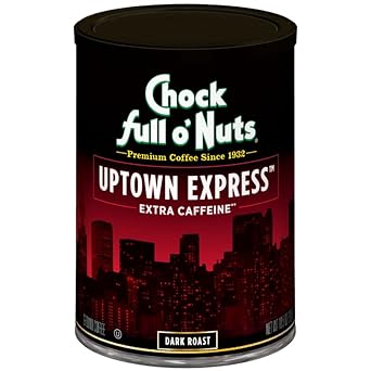 Chock Full o’Nuts Uptown Express Roast, Dark Roast Ground Coffee with Extra Caffeine – Gourmet Coffee Beans – Bold, Full-Bodied and Intense Coffee (10.5 Oz. Can)