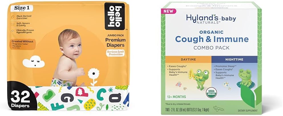 Hello Bello Premium Baby Diapers Size 1, 32 Count of Disposable Comfort Fit Diapers - Design: Alphabet Soup + Hyland's Baby - Organic Cough & Immune Day & Night Combo Pack (4 fl oz) : Baby