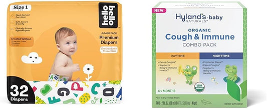 Hello Bello Premium Baby Diapers Size 1, 32 Count of Disposable Comfort Fit Diapers - Design: Alphabet Soup + Hyland's Baby - Organic Cough & Immune Day & Night Combo Pack (4 fl oz) : Baby