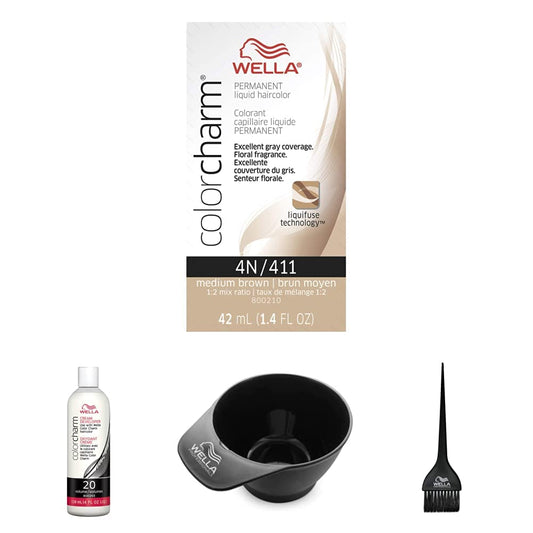 WELLA colorcharm Hair Dye & Coloring Kit, 4N Medium Brown Permanent Liquid Hair Color, + 20 Vol Cream Developer, + Color Mixing Bowl + Application Brush, For Professional or At-Home Use, 4PC : Beauty & Personal Care