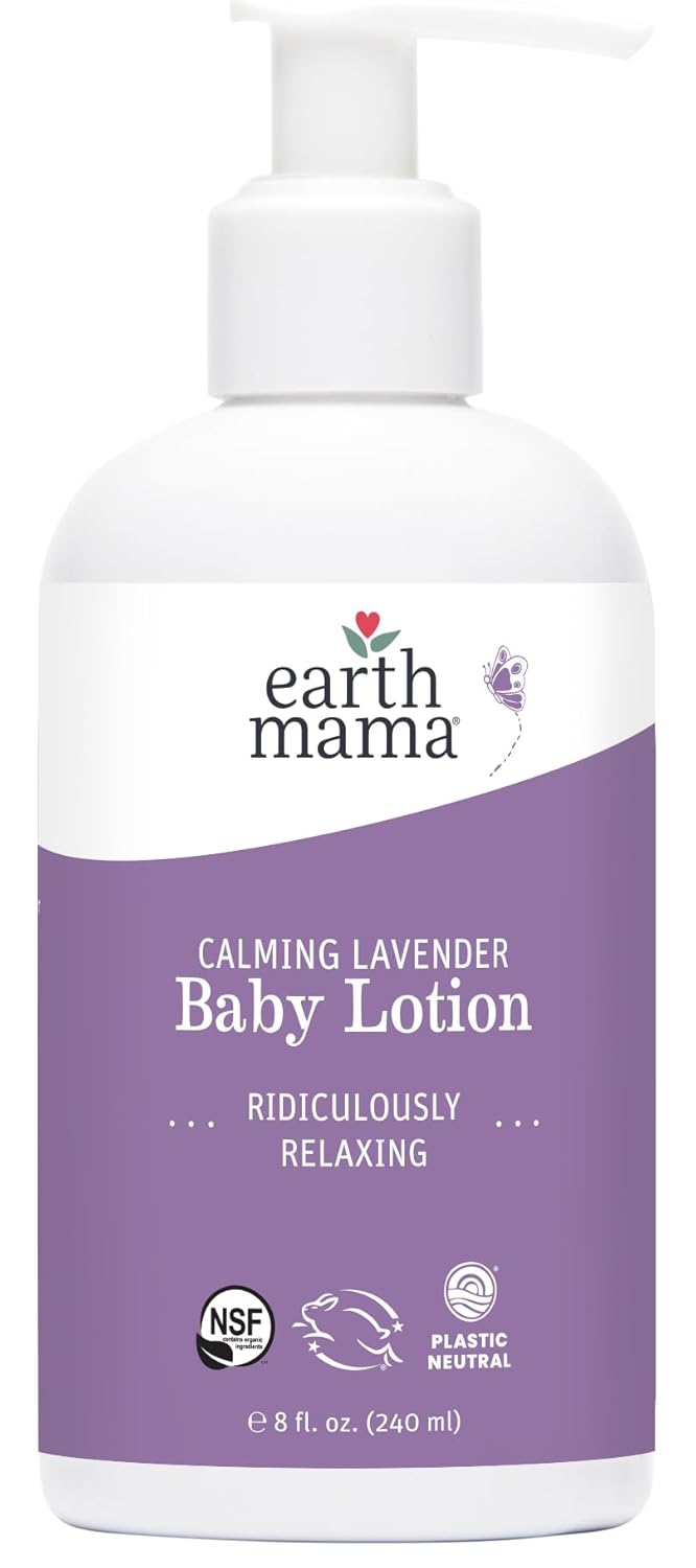Earth Mama Calming Lavender Baby Lotion For Dry Skin, Calendula Cream For Newborn Skin Care, Organic Moisturizer For Children, Aloe Juice, Rooibos, & Shea Butter, Lavender Lotion, 8 Fl Oz (2Pk)