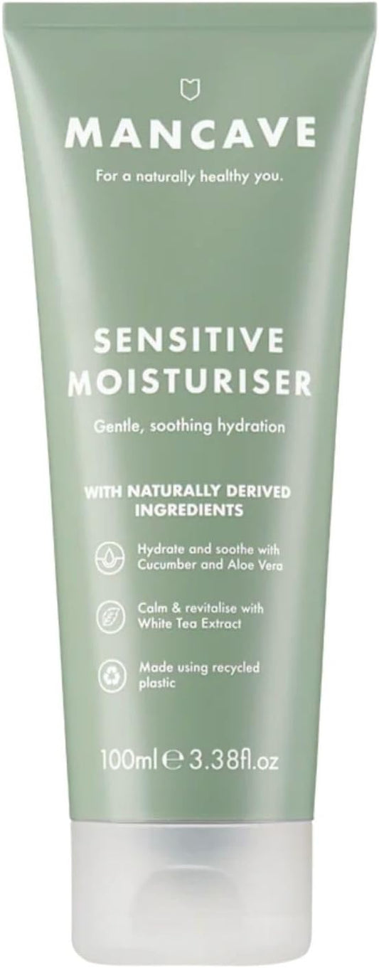 Mancave Sensitive Moisturiser 100Ml For Men, Moisturise And Nourish Skin With Aloe Vera & Shea Butter, Dermatologically Tested, Hydrating And Soothing Properties, Natural Formulation, Vegan Friendly
