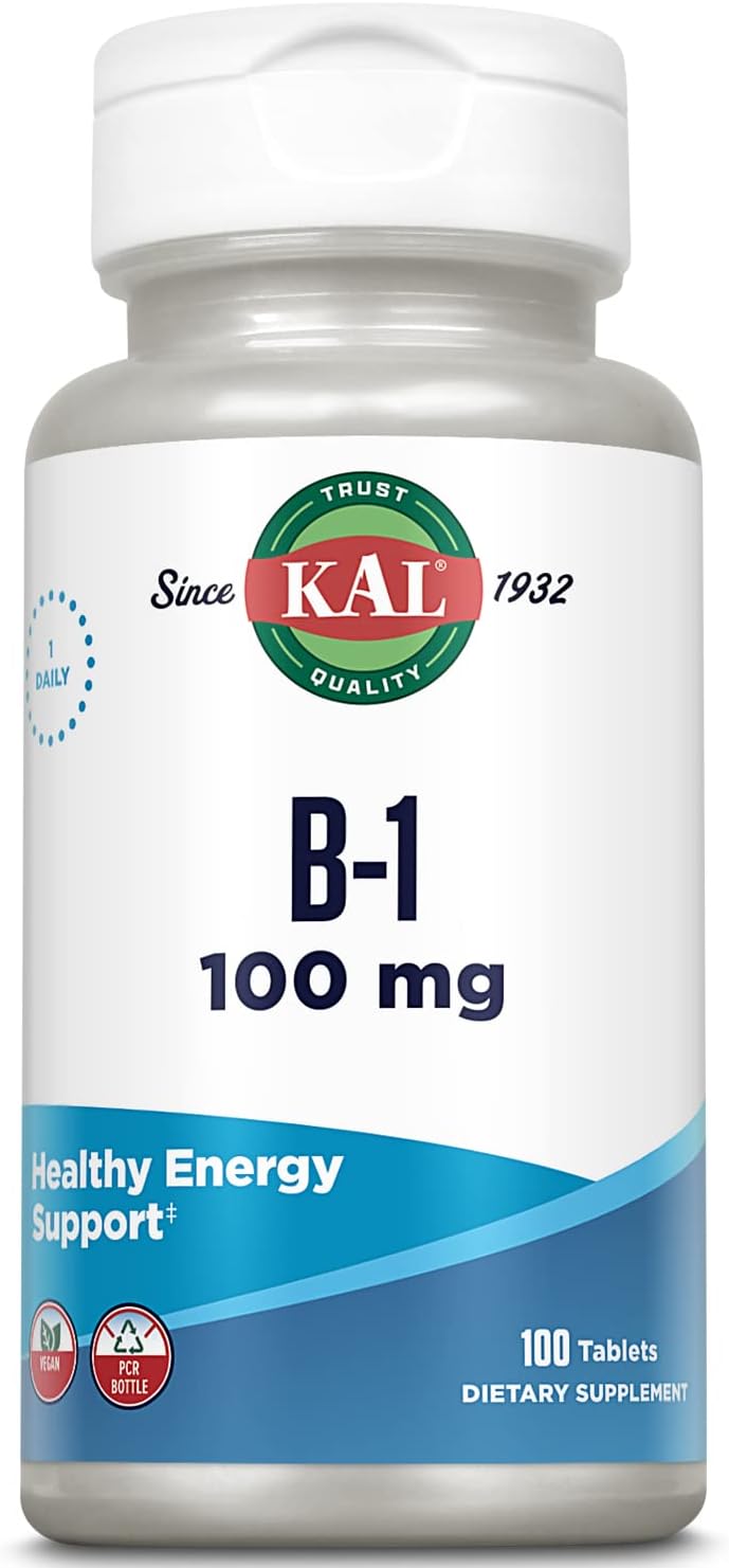 KAL Vitamin B1 100 mg, Thiamine Supplement for Metabolism, Healthy Energy, Skin, Nervous System, Heart Health and Brain Support, Vegan Vitamin, 60-Day Money Back Guarantee, 100 Servings, 100 Tablets