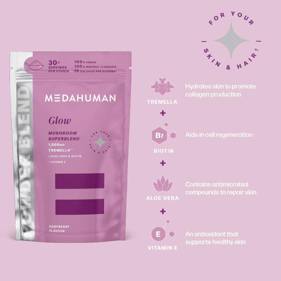 MEDAHUMAN® Glow | Tremella Mushroom Powder (30 Servings) | Adaptogen Superblend Mushroom Supplement with Biotin, Vitamin E and Aloe Vera to Promote Glowy Skin & Boost Collagen | Raspberry Flavour : Amazon.co.uk: Grocery