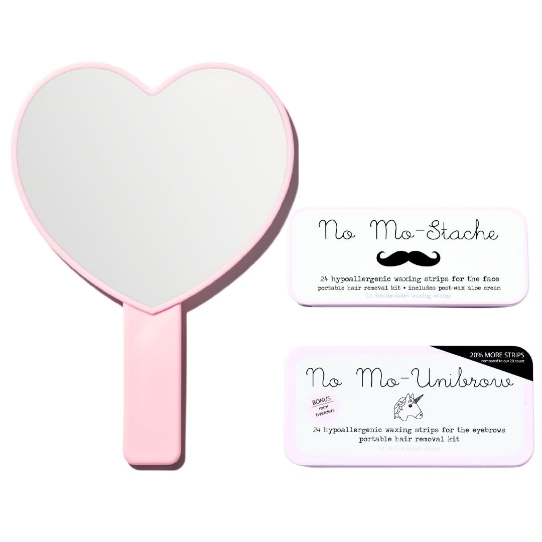 Great Face Bundle - Hypoallergenic Waxing Strips For Facial Hair And Eyebrows - 48 Waxing Strips For Lip And Brows Hair Removal + Post Wax Aloe Cream + Handheld Heartshaped Mirror