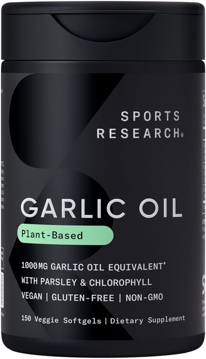 Sports Research Odorless Garlic Oil Pills (1000Mg) With Parsley & Chlorophyll - Non-Gmo Verified, Vegan Certified & Gluten Free - 150 Plantgel Capsules