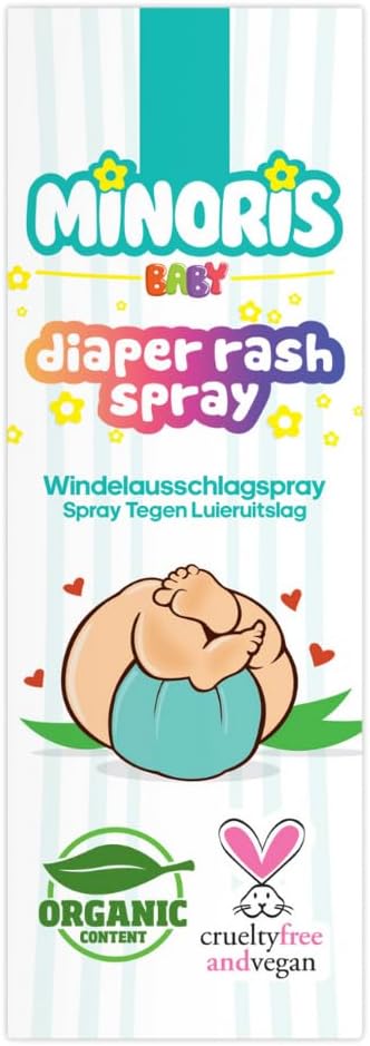 Minoris Baby Nappy Rash Spray, Diaper Rash Spray, Organic, Mineral & Vegan Content, Zinc Oxide, Hypoallergenic, Shea Butter, Soothe, Protection Baby Diaper Rash, Dermatological Tested, No-Touch 100Ml