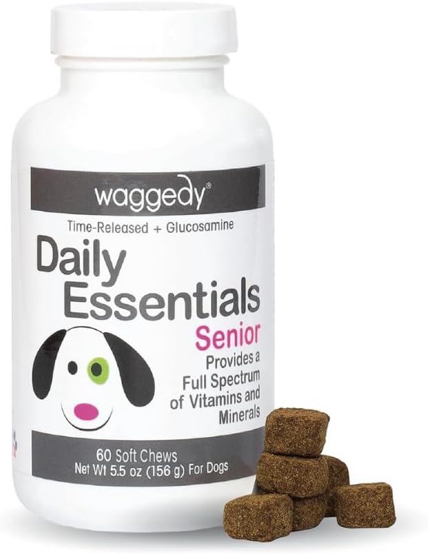 waggedy Daily Essentials Senior Soft Chews with Glucosamine — Pet Supplies for Digestion and Joint Health — Dog Multivitamin Treats for Overall Defense — Dog Vitamins and Supplements (60 Chews)