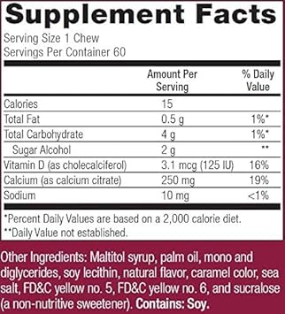 Bariatric Advantage Calcium Citrate Chewy Bites 250Mg With Vitamin D3 For Bariatric Surgery Patients Including Gastric Bypass And Sleeve Gastrectomy, Sugar Free - Caramel Flavor, 60 Count