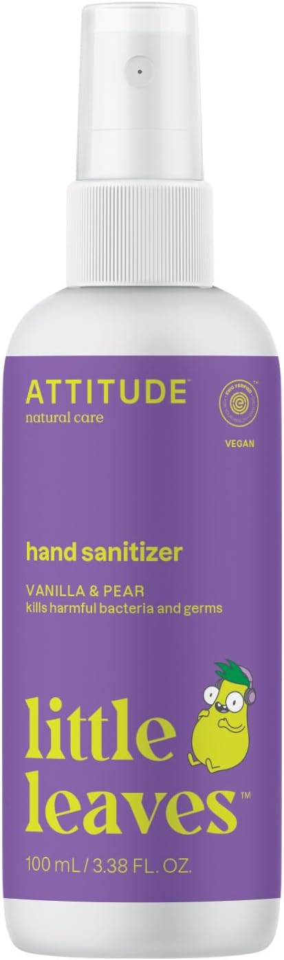 ATTITUDE Hand Sanitizer Spray for Kids, Perfect Travel Size Format, Kills Bacteria and Germs, Vegan and Cruelty-Free, Vanilla and Pear, 3.5 Fl Oz