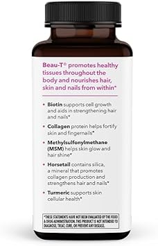Beau-T - Hair, Nail & Skincare Supplement - Biotin Collagen Horsetail MSM & Turmeric - Promotes Healthy Hair and Nail Growth - Supports Clear Skin & Fights Acne - Nail Strengthener - 180 Capsules : Health & Household