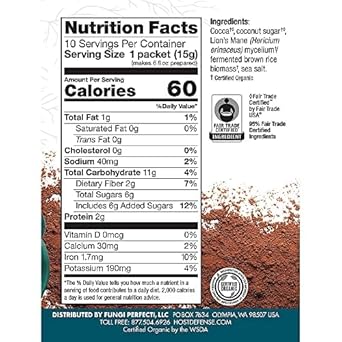 Host Defense, MycoBrew Cocoa Drink Mix, Supports Calm and Relaxation, With Lion’s Mane Mushroom, 5 - 10 Packets (0.5 each)