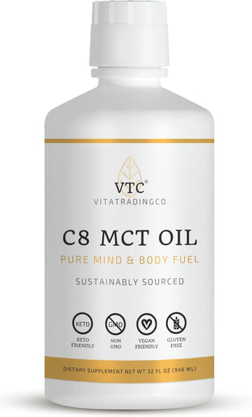 Vitatradingco. 100% Pure C8 Mct Oil | 3X Distilled Caprylic Acid | Healthy Fat For Clean Energy | Sustainably Sourced | Non-Gmo, Paleo, Keto | 32Oz, 64 Servings (Unflavored)