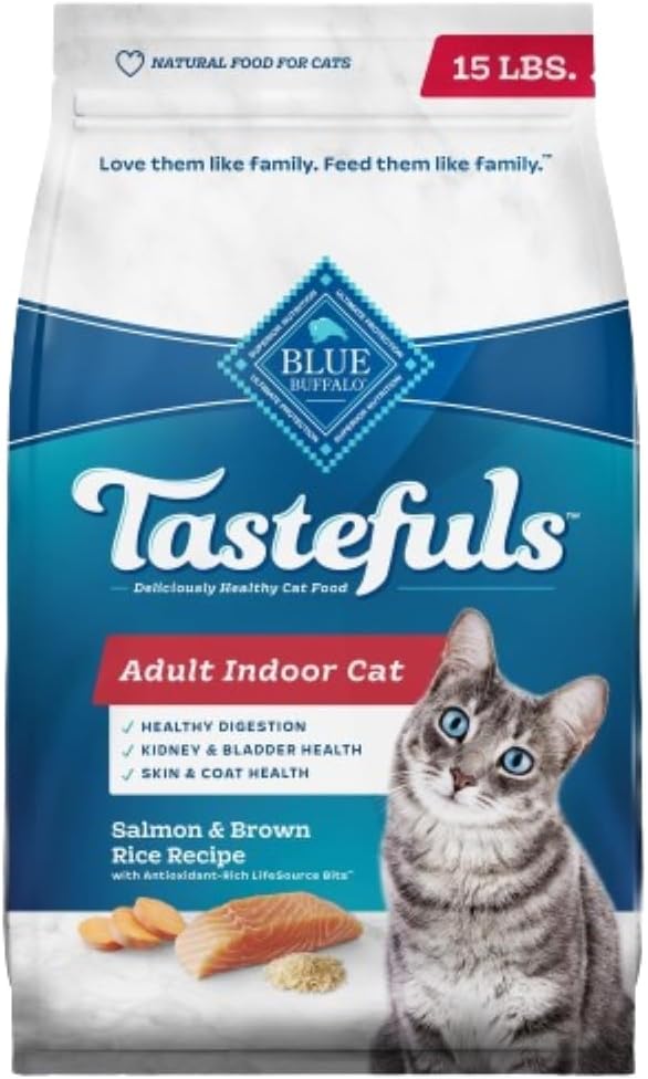 Blue Buffalo Tastefuls Natural Dry Food For Adult Indoor Cats, Salmon & Brown Rice Recipe, 15-Lb. Bag