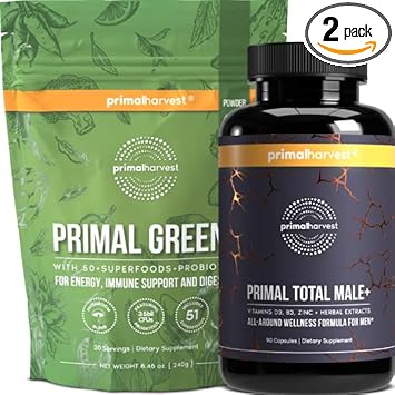 Primal Harvest Primal Total Male+ & Primal Greens Men'S Multivitamin And Nutritional Supplement With Ginseng, Vitamins D And B, Zinc, Probiotics And More, Gluten And Dairy Free