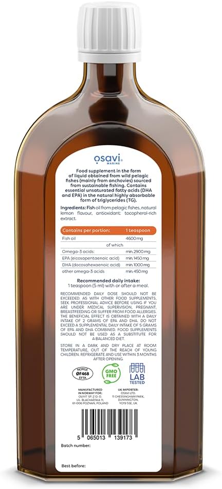 Osavi Super Omega, 2900 mg Omega–3 – 500 ml Oil | Lemon Flavor | DHA & EPA from Sustainable Wild Fish | Supports Heart & Brain Health | Contributes to Normal Blood Triglyceride Levels : Amazon.co.uk: Health & Personal Care