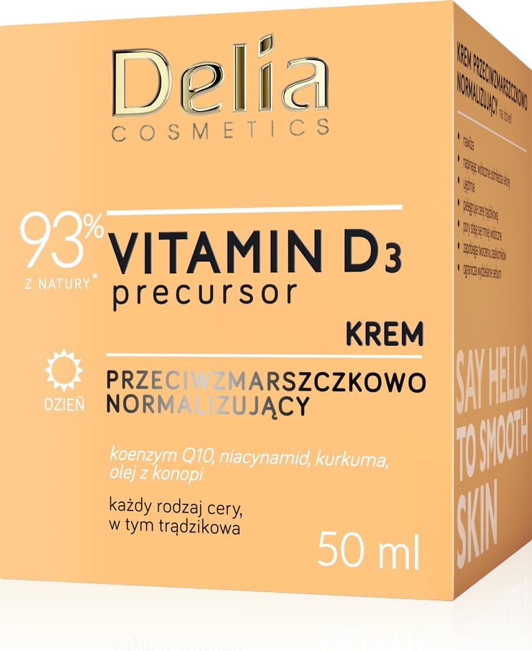 Delia Cosmetics – Vitamin D3 Precursor - Anti-Wrinkle Normalising Day Cream – All Skin Types - Acne Skin - Hydrating, Firming – Reducing Sebum – Co-Enzyme Q10 – Niacinamide – Tumeric – Hemp Oil – 50Ml