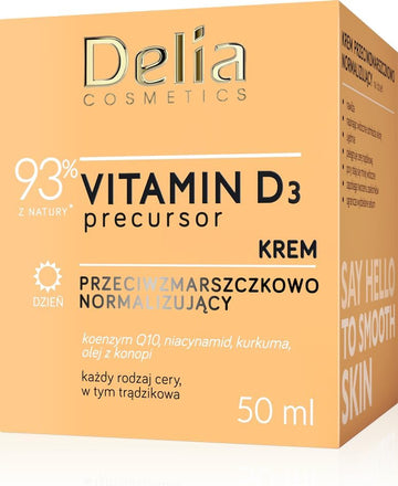 Delia Cosmetics – Vitamin D3 Precursor - Anti-Wrinkle Normalising Day Cream – All Skin Types - Acne Skin - Hydrating, Firming – Reducing Sebum – Co-Enzyme Q10 – Niacinamide – Tumeric – Hemp Oil – 50Ml