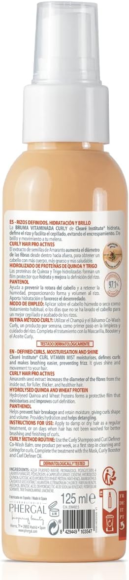 Clearé Institute Curly Vitamin Mist Moisturises, Defines Curls, Facilitates Brushing and Prevents Frizz Shine and Movement 97% Natural Ingredients 125 ml