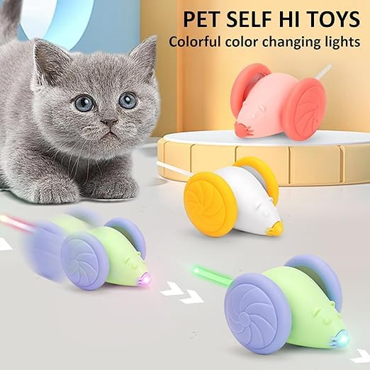 Cat Toys Automatic Mouse, Smart Electric Rat Cat Toy with Luminous Tail, Fast Speed, USB Rechargeable, Stand-Up Wicked Mouse for Indoor Cats Removable Wheel, LED Lights Moving Kitten Toys