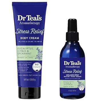 Dr Teal's Aromatherapy Set - Body Cream (8oz) and Spray (6oz) Bundle - Choose from Energy, Sleep, or Stress Relief (Stress Relief - Eucalyptus, Citrus, and Spearmint)