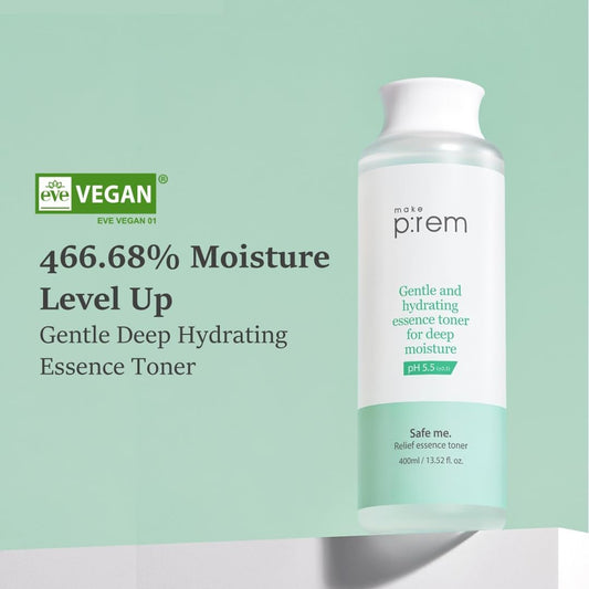 Make P:Rem Safe Me. Relief Essence Toner, Quick And Deep Hydrating Face Toner, All Skin Types, 24-Hour Moisturizing, Eve Vegan, Korean Skin Care, 400Ml, 13.52 Fl.Oz