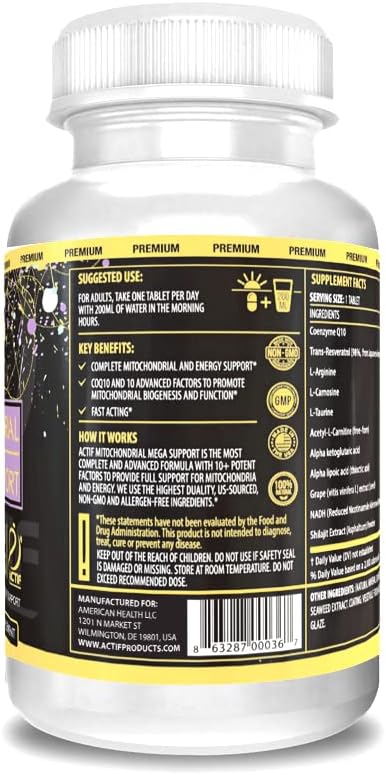 Actif Mitochondrial Mega Support With 10+ Advanced Factors - Non Gmo, Fast Acting, Mitochondria And Energy Support, Made In Usa, 60 Count