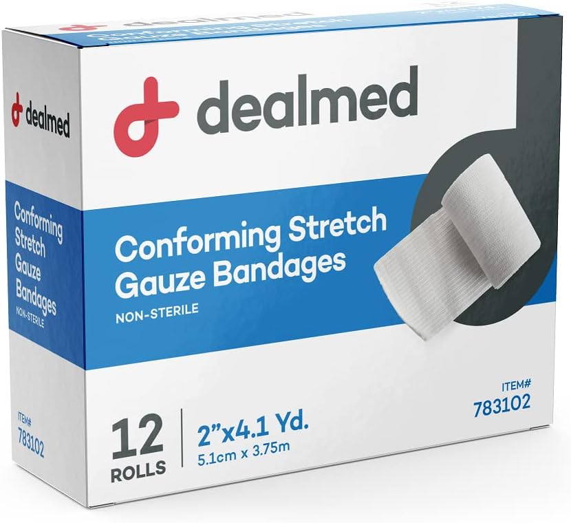 Dealmed 2" Non-Sterile Conforming Stretch Gauze Bandages, 4.1 Yards Latex Free Stretched Dressing Wrap, Medical Non-Adherent Wound Care Mesh Bandages (Box Of 12 Rolls)